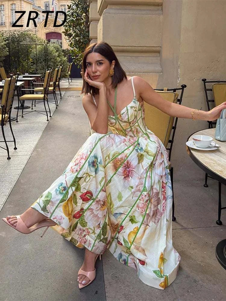 Boho Printed Women's Summer Holiday Halter Long Dress Waist Cinched PlThe Plug
