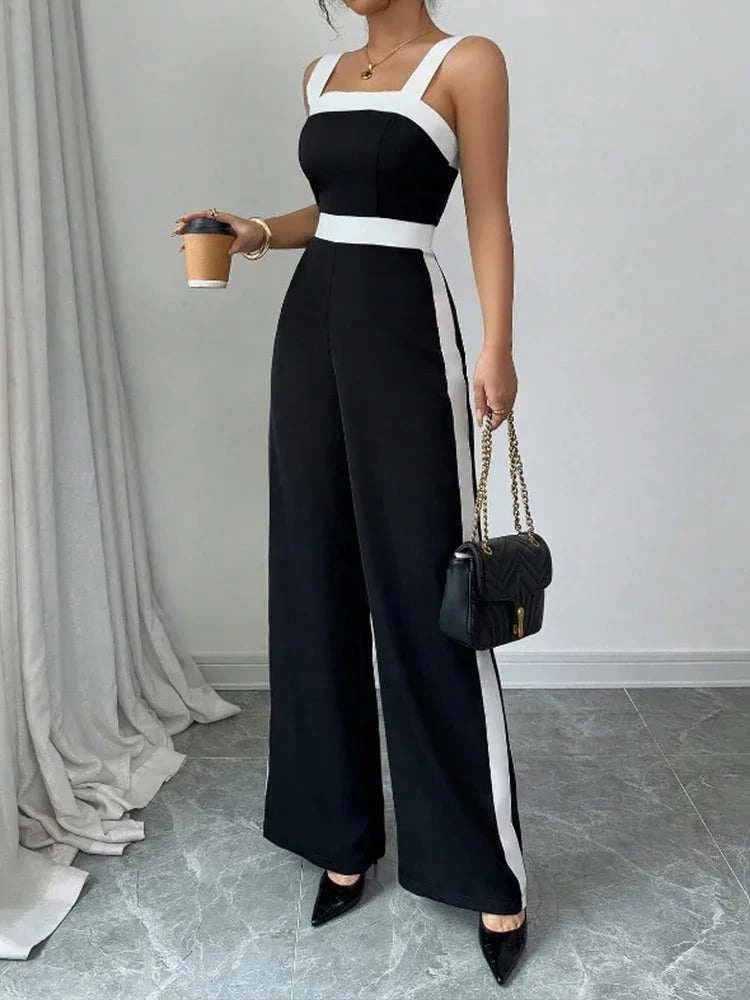 Women's Casual Black Jumpsuit White Contrast Trim Square Neck Great foThe Plug