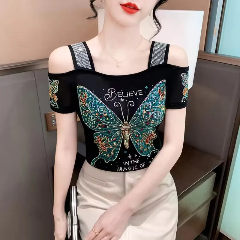 Streetwear Summer Women's Clothes T-Shirts Chic Flower Hot Diamonds Luxury Tees Sexy Girl Off Shoulder Slim Brand Tops