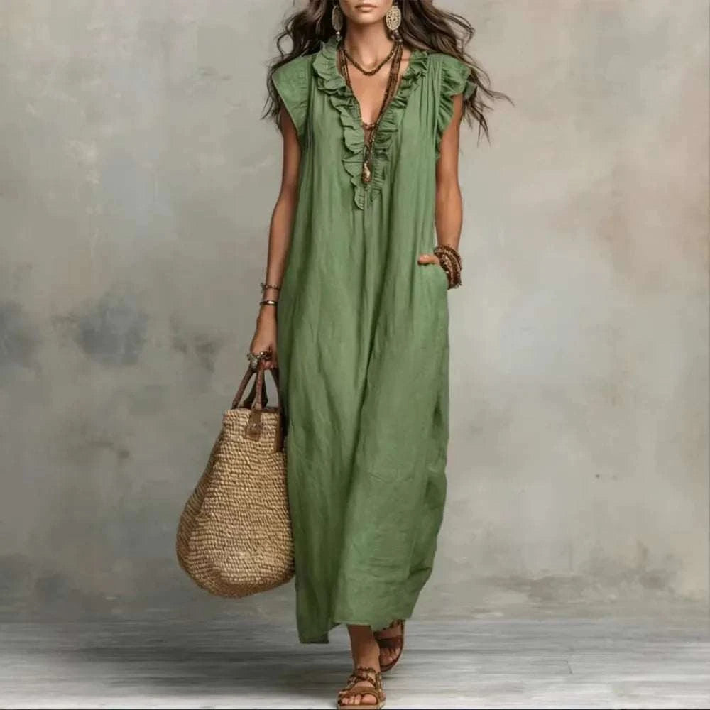 Women's Retro Bohemian Ruffle Linen Maxi Dress, Ruffle V-Neck SleeveleThe Plug