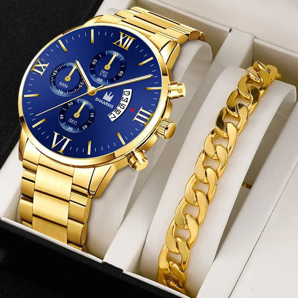 Men's Business Quartz Watch - Three-Eye Calendar, Stainless Steel Band