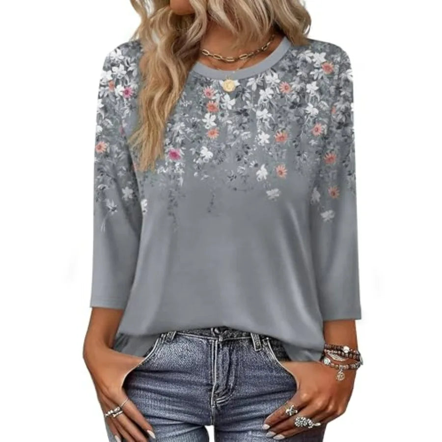 OFEEFAN 3/4 Length Sleeve Womens Tops Dressy Casual Blouses Crew Neck The Plug