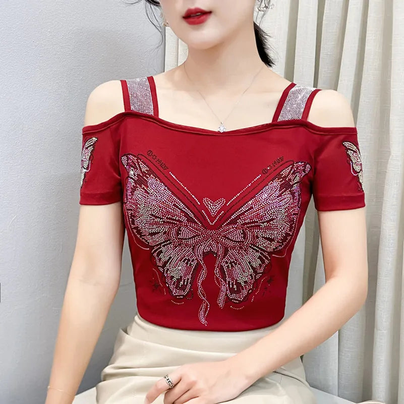 Streetwear Summer Women's Clothes T-Shirts Chic Flower Hot Diamonds Luxury Tees Sexy Girl Off Shoulder Slim Brand Tops