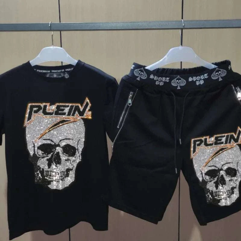 Men's joggers sets casual cotton polyester tracksuit with short sleeve O-neck t-shirt and elastic waist pants