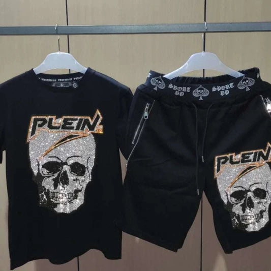 Men's joggers sets casual cotton polyester tracksuit with short sleeve O-neck t-shirt and elastic waist pants