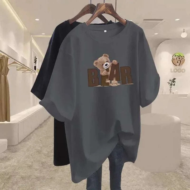 Summer Chic Letter Printing Bear T-shirt Women O-neck Short Sleeve CotThe Plug