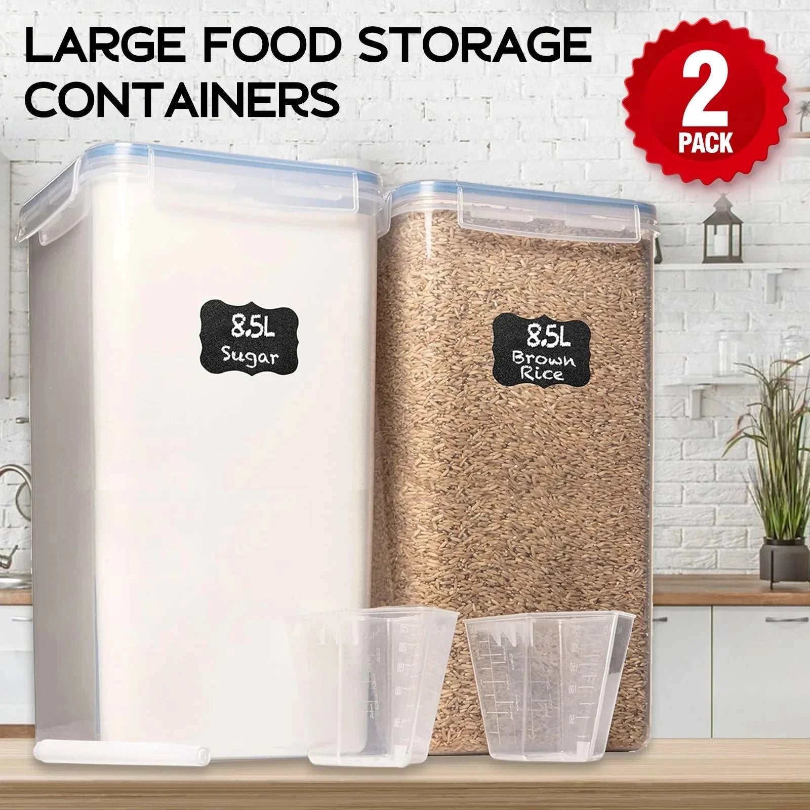Set of 2 large clear airtight food storage containers for pantry organization with locking lids and measuring cups