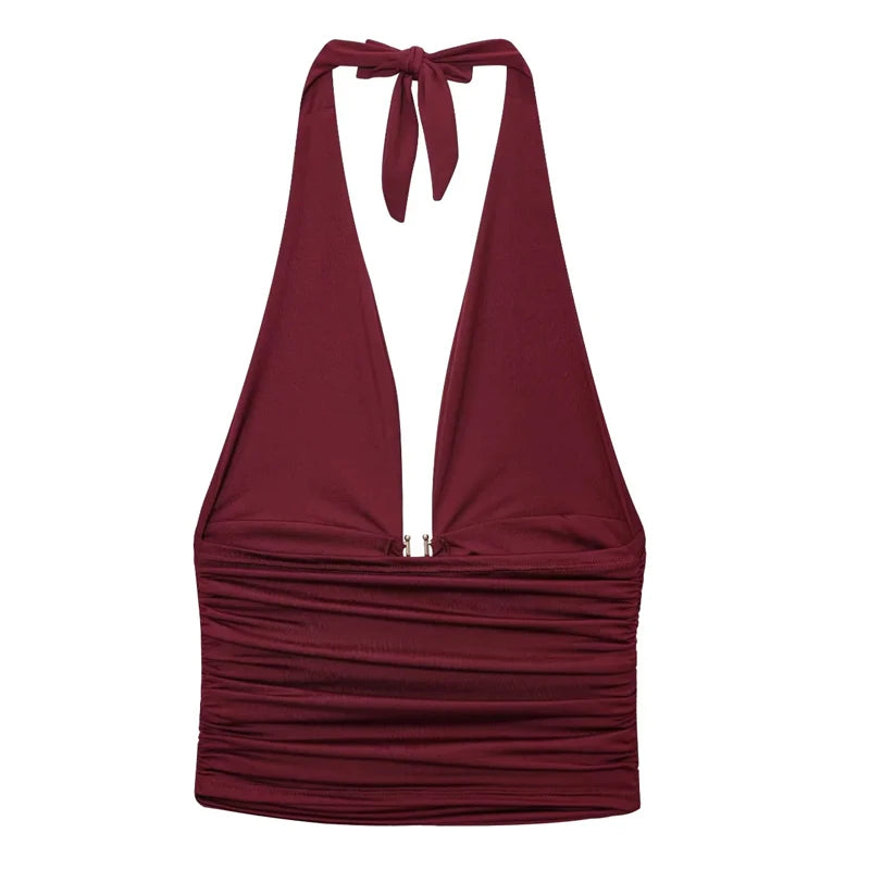 HXAO Women Tops Corset Halter Crop Top Woman Summer Pleated Tight Party Tops Ties Backless Sexy Top Off Shoulder Burgundy Top