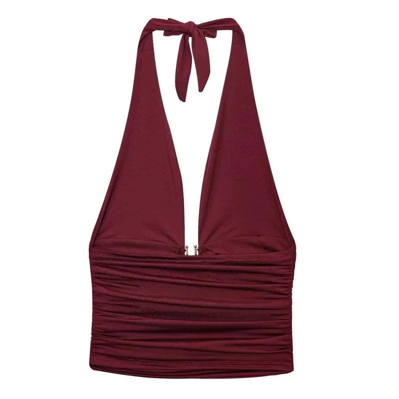 HXAO Women Tops Corset Halter Crop Top Woman Summer Pleated Tight PartThe Plug