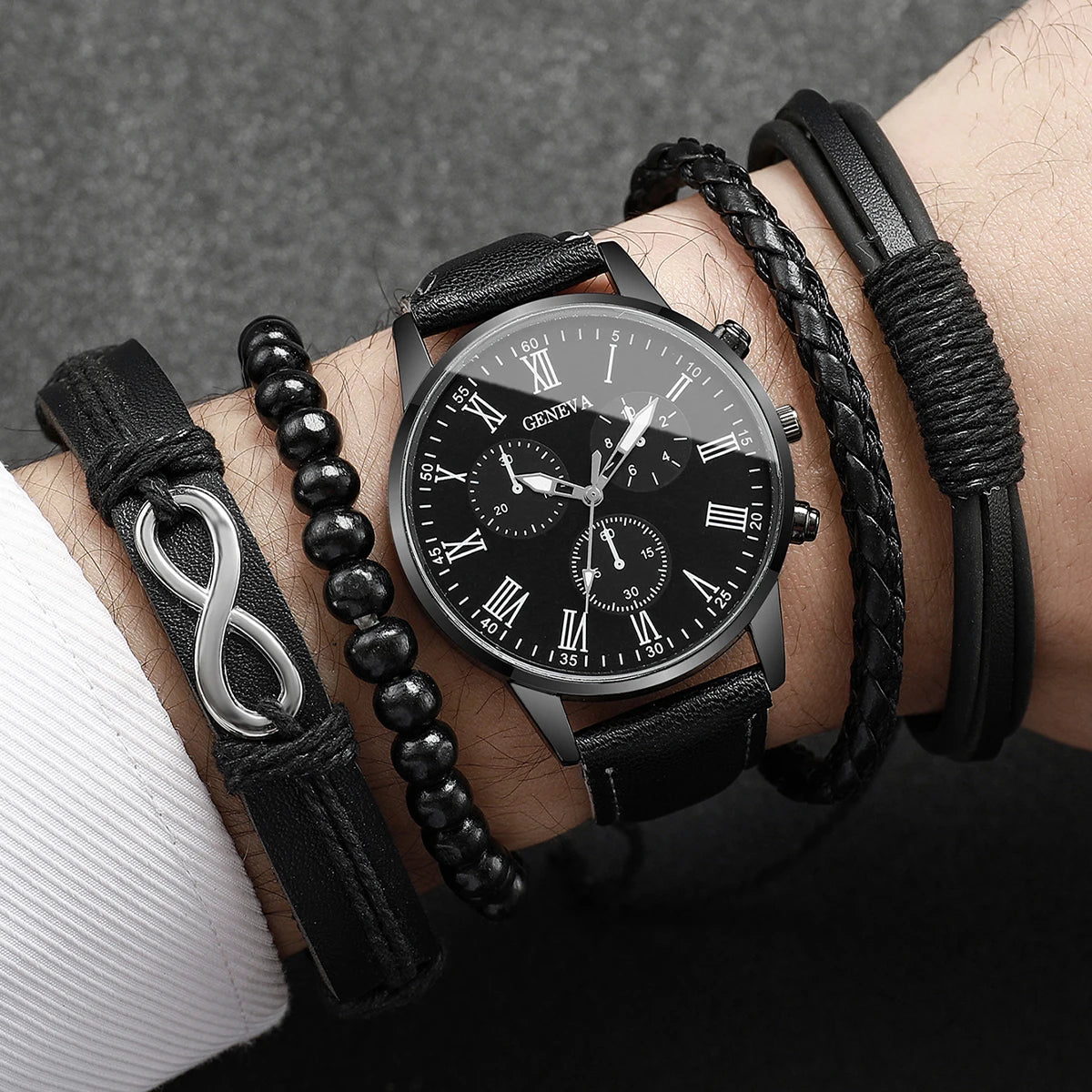 Men's Fashion Quartz Watch & Leather Bracelet Set (4/5pc)