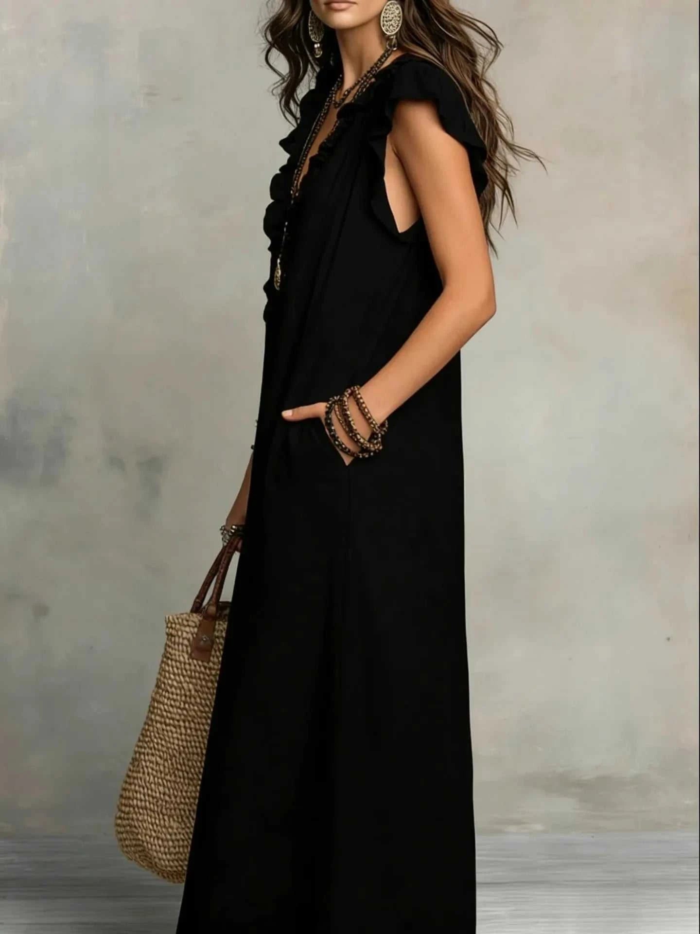 Women's Retro Bohemian Ruffle Linen Maxi Dress, Ruffle V-Neck SleeveleThe Plug