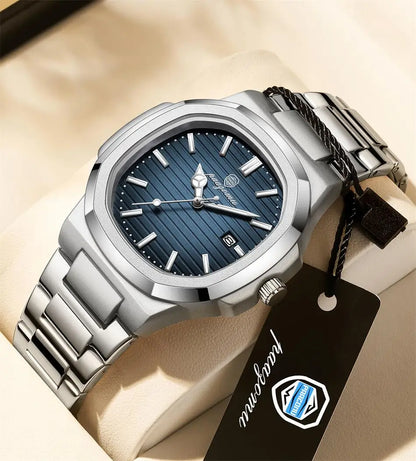 Men's Stainless Steel Waterproof Quartz Watch - Luminous Date & Week Display