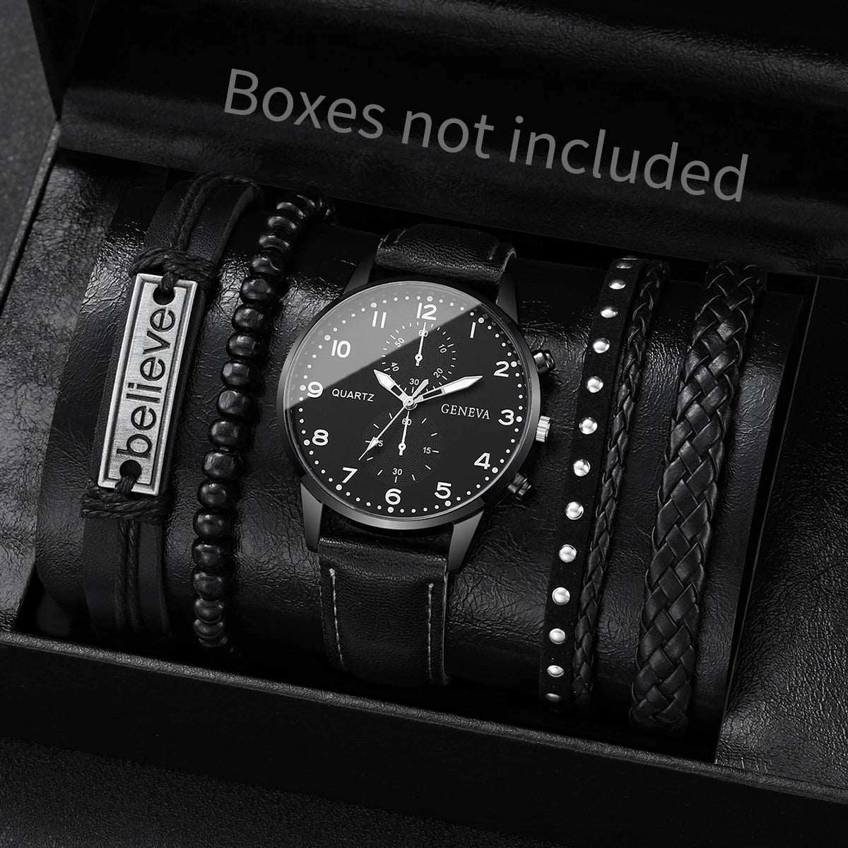 Men's Fashion Quartz Watch & Leather Bracelet Set (4/5pc)