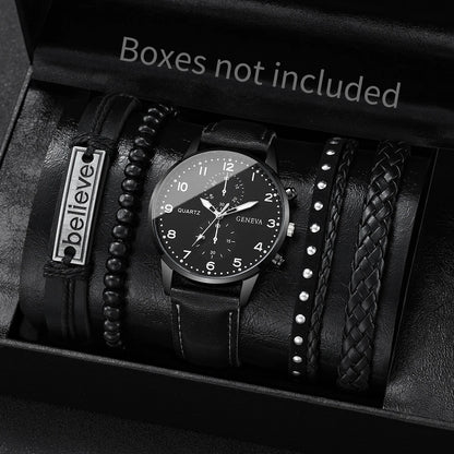 Men's Fashion Quartz Watch & Leather Bracelet Set (4/5pc)