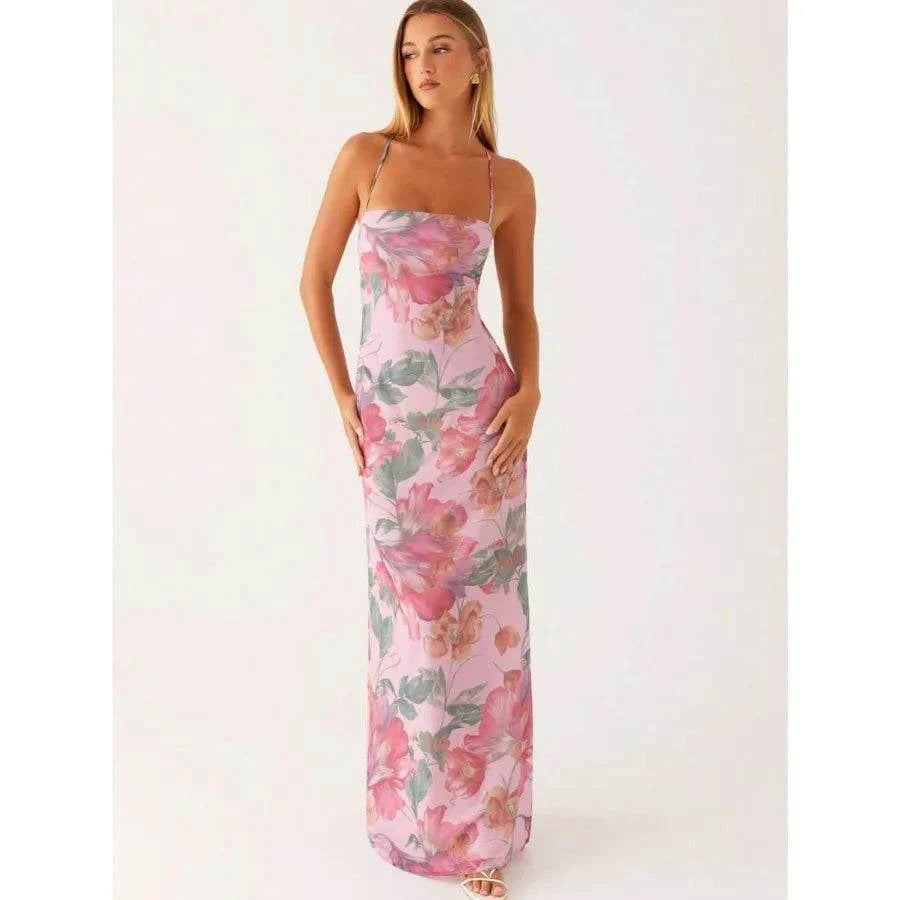Women's summer boho floral print sleeveless midi dress with spaghetti straps and bow neckline
