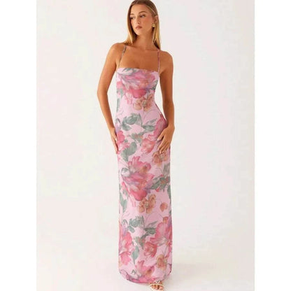 Women's summer boho floral print sleeveless midi dress with spaghetti straps and bow neckline