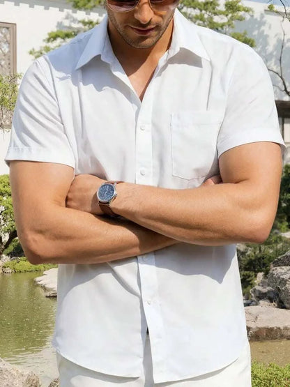 Mens Linen Short Sleeve Button Down Shirt Casual Summer Beach TopThe Plug