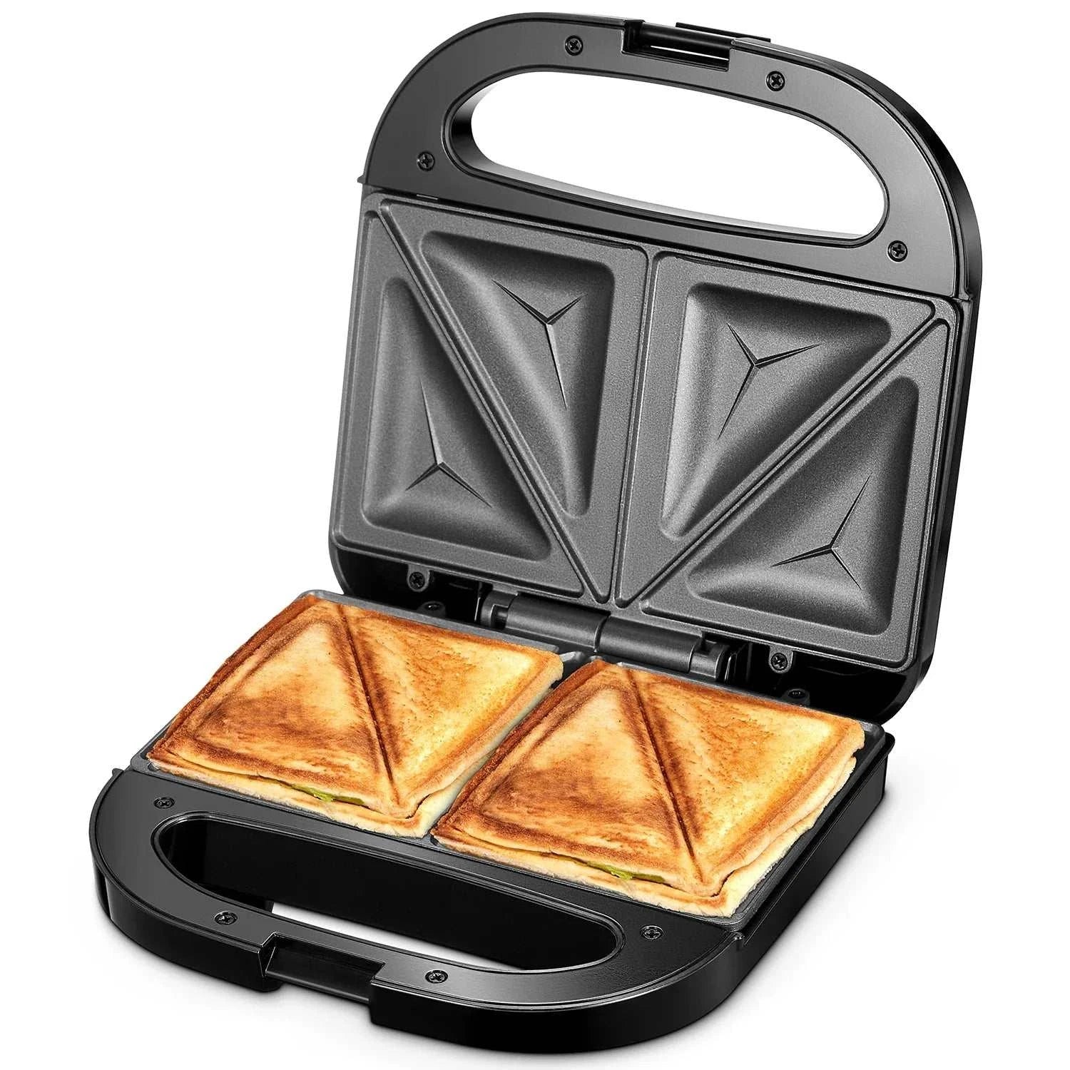 Stainless Steel 750W 2-slice sandwich and panini press with non-stick plates and compact design