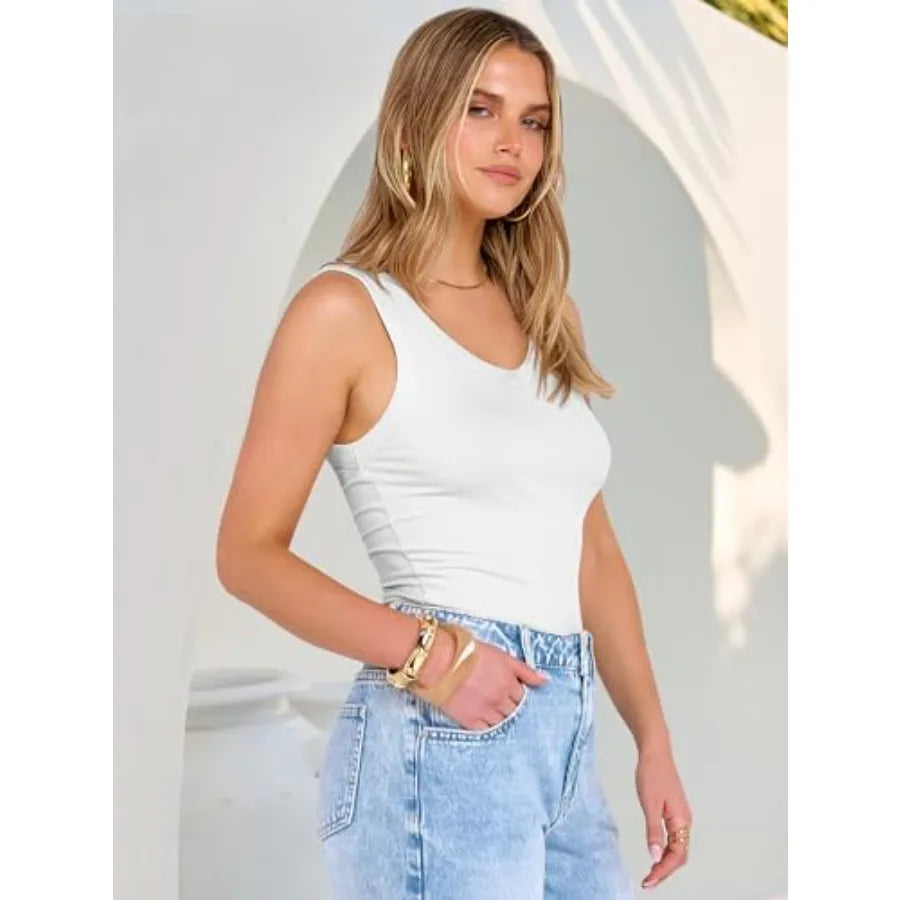 ANRABESS Tank Tops for Women V Neck Ribbed Knit Slim Fitted SleevelessThe Plug