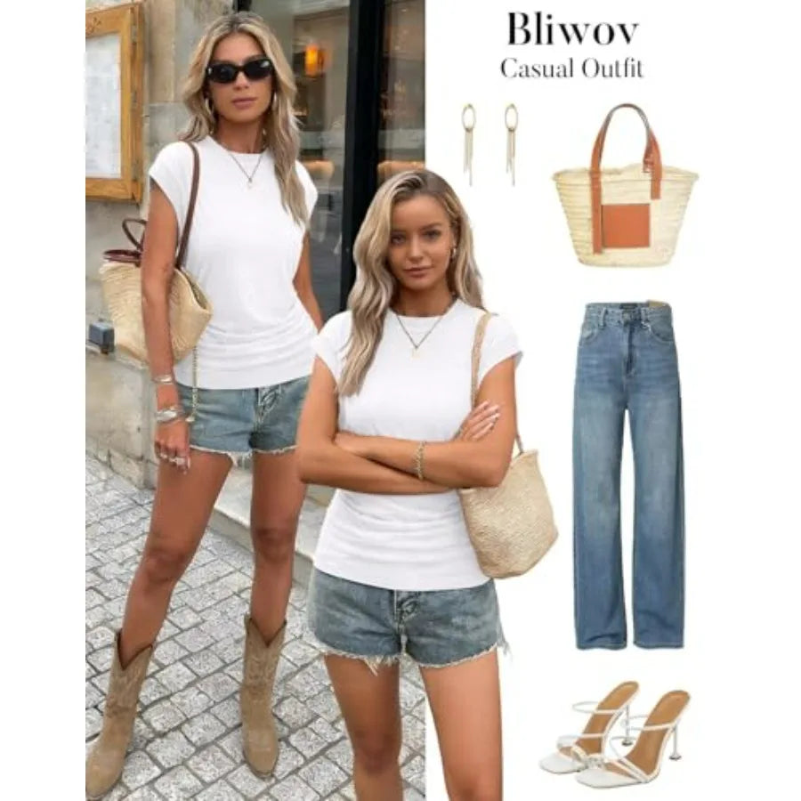 Bliwov Womens Summer Tops Cap Sleeve Crew Neck T Shirts Spring Trendy The Plug