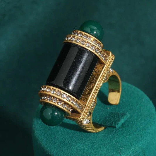 Vintage Black Green Ring Stone Bullet Head For Women Antique 18k Gold The Plug