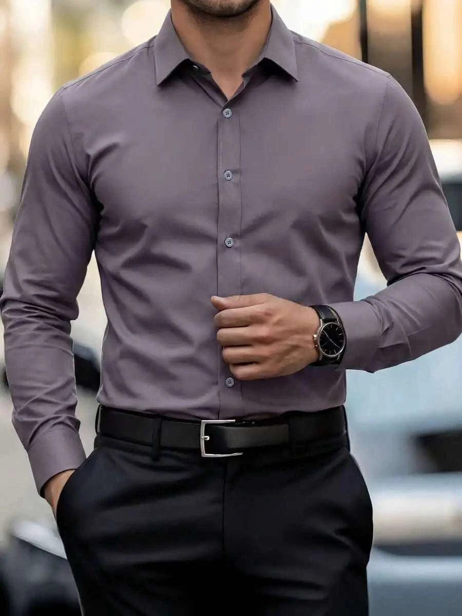 Solid Color Long Sleeve Casual Shirt With Turn-Down Collar For MenThe Plug