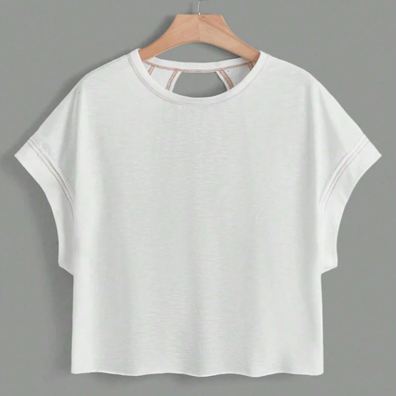 2024 New White Short Sleeve Loose Tees Women's Solid Color Round Neck The Plug