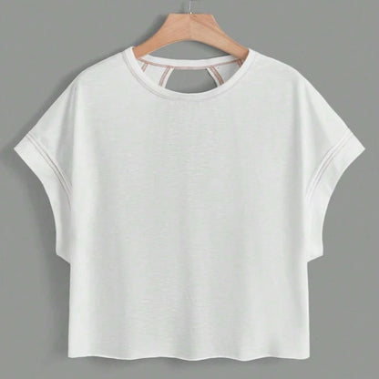 2024 New White Short Sleeve Loose Tees Women's Solid Color Round Neck The Plug