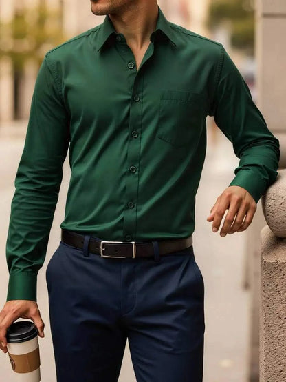 Mens Long Sleeve Solid Slim Fit Dress Shirt Casual Business With PockeThe Plug