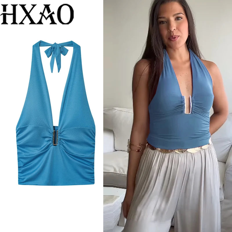 HXAO Women Tops Corset Halter Crop Top Woman Summer Pleated Tight Party Tops Ties Backless Sexy Top Off Shoulder Burgundy Top