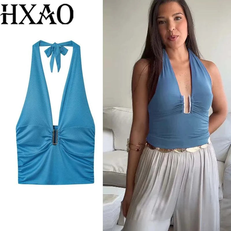 HXAO Women Tops Corset Halter Crop Top Woman Summer Pleated Tight PartThe Plug