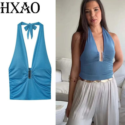 HXAO Women Tops Corset Halter Crop Top Woman Summer Pleated Tight PartThe Plug