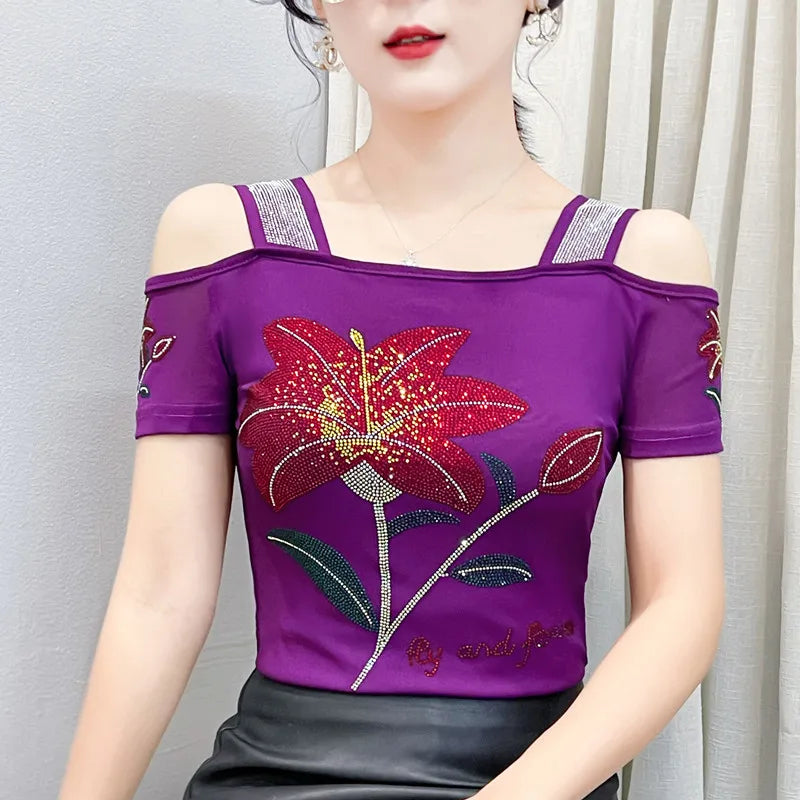 Streetwear Summer Women's Clothes T-Shirts Chic Flower Hot Diamonds Luxury Tees Sexy Girl Off Shoulder Slim Brand Tops