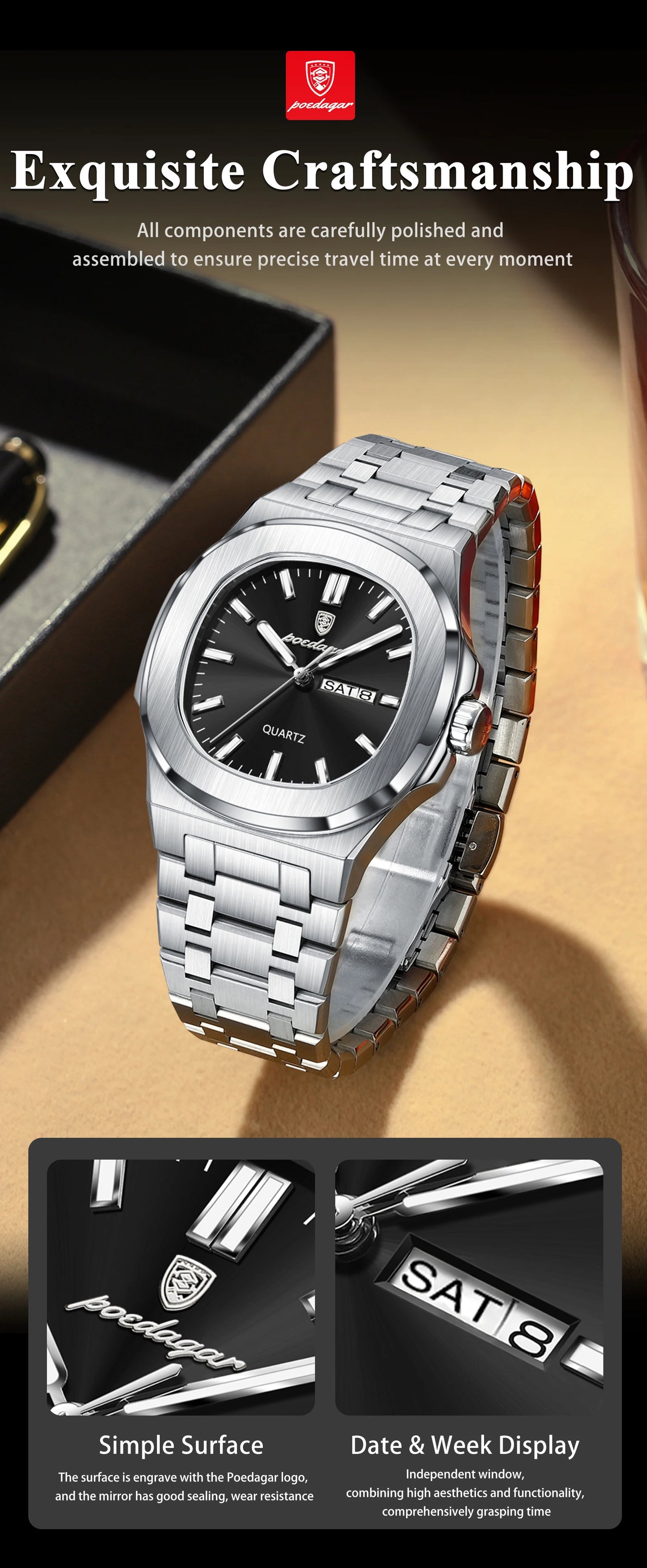 POEDAGAR Men's Luxury Quartz Watch – Waterproof & Luminous