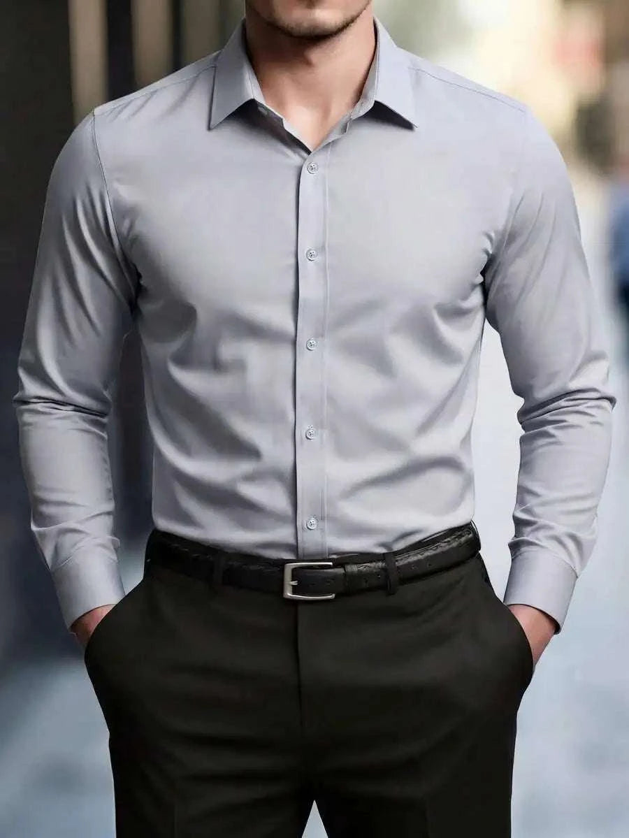 Solid Color Long Sleeve Casual Shirt With Turn-Down Collar For MenThe Plug