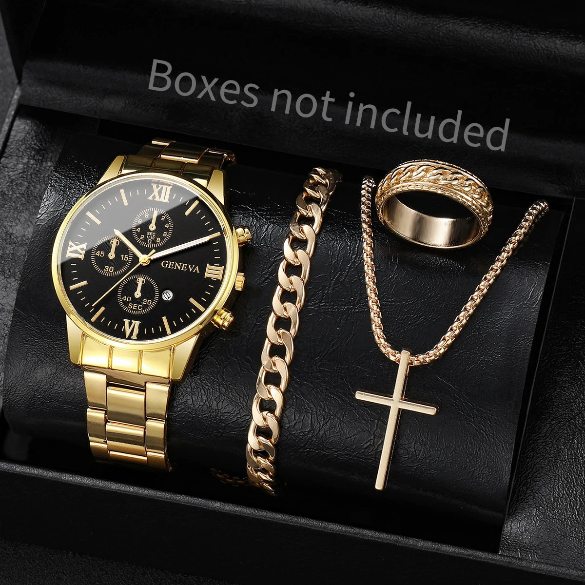 Men's 4pc Fashion Quartz Watch & Jewelry Set – Necklace, Bracelet & Ring