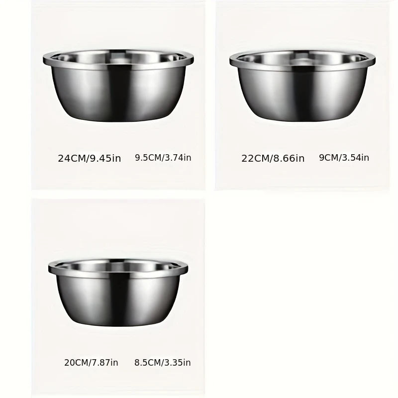 Stainless Steel Mixing Bowl Set, Multi-Purpose Kitchen Basin, European-Style Mixing and Kneading Bowl Set, Soup Bowl, Multi-Purpose Bowl 20+22+24