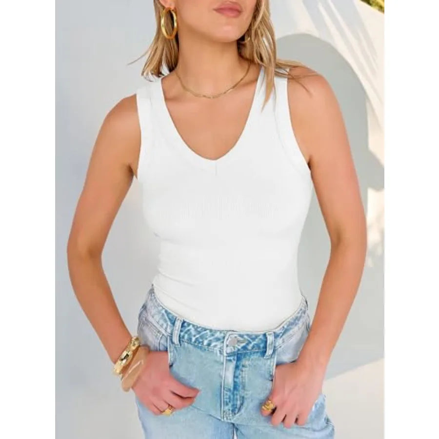 ANRABESS Tank Tops for Women V Neck Ribbed Knit Slim Fitted SleevelessThe Plug
