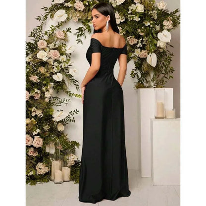 【New style】Off-The-Shoulder Ruched High Slit Knee-Length Elegant Sexy The Plug