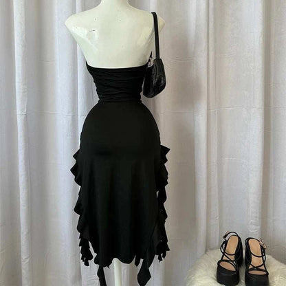 Women Strapless Sexy Floral Fold Hemline High Slit Mini Dress 2024 SolThe Plug