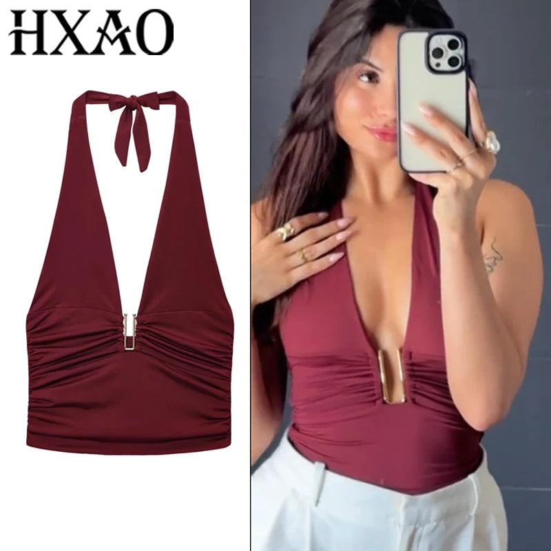 HXAO Women Tops Corset Halter Crop Top Woman Summer Pleated Tight Party Tops Ties Backless Sexy Top Off Shoulder Burgundy Top