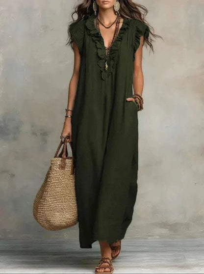 Women's Retro Bohemian Ruffle Linen Maxi Dress, Ruffle V-Neck SleeveleThe Plug
