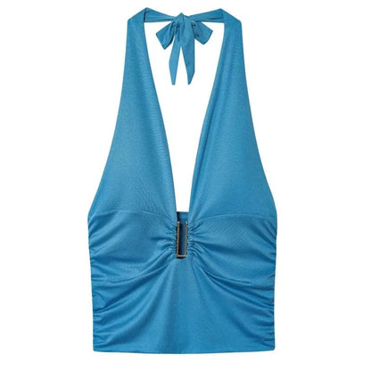 HXAO Women Tops Corset Halter Crop Top Woman Summer Pleated Tight PartThe Plug