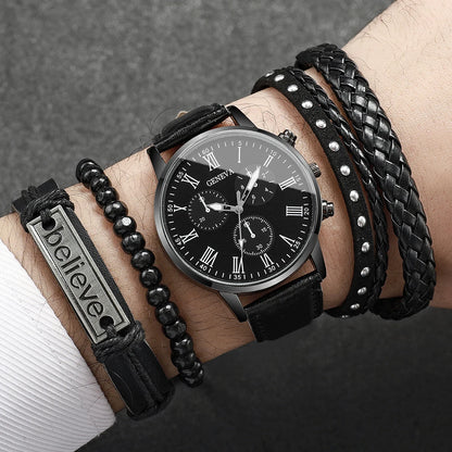 Men's Fashion Quartz Watch & Leather Bracelet Set (4/5pc)