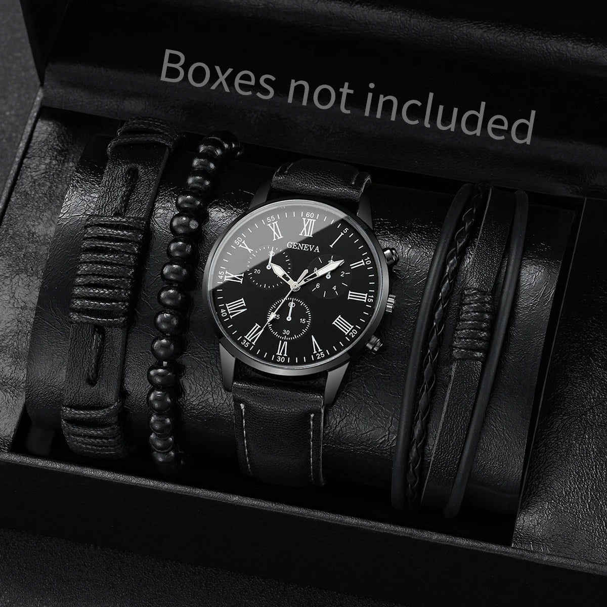 Men's Fashion Quartz Watch & Leather Bracelet Set (4/5pc)