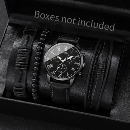 Men's Fashion Quartz Watch & Leather Bracelet Set (4/5pc)