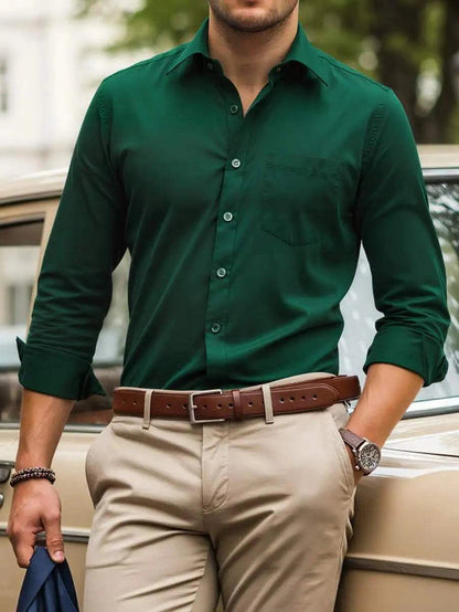 Mens Long Sleeve Solid Slim Fit Dress Shirt Casual Business With PockeThe Plug