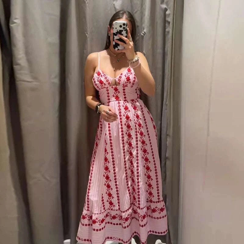 Boho Printed Women's Summer Holiday Halter Long Dress Waist Cinched PlThe Plug