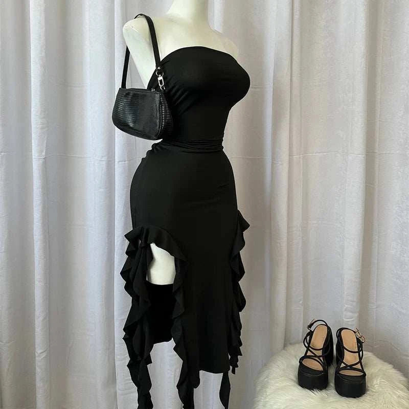 Women Strapless Sexy Floral Fold Hemline High Slit Mini Dress 2024 SolThe Plug