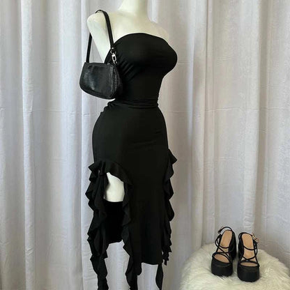 Women Strapless Sexy Floral Fold Hemline High Slit Mini Dress 2024 SolThe Plug